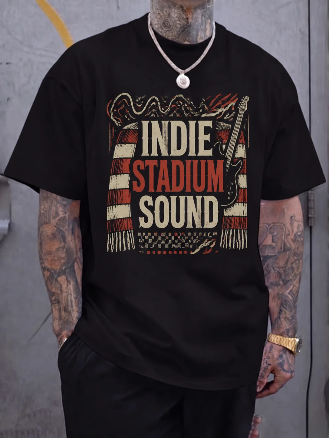 

Indie Stadium Sound Vintage Rock Graphic Tee Black Printed Tee Distressed Guitar Art Retro Scarf Stripe Design Unisex Top