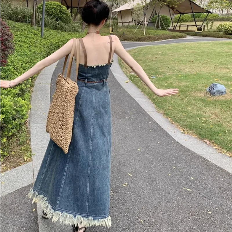 Women's Fried Street Jeans Strap Dresses, Washed Raw Edge, Vintage High Waist Sleeveless, Long Cowboy Dress, Summer, New, 2023