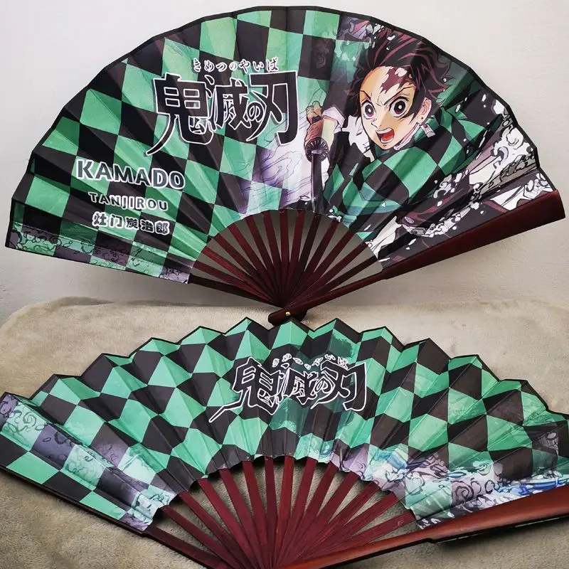 

New Demon Slayer anime Tanjiro Miyazaki Bamboo and Wood ancient-style Folding Fan 10-inch summer portable silk fabric fan gift