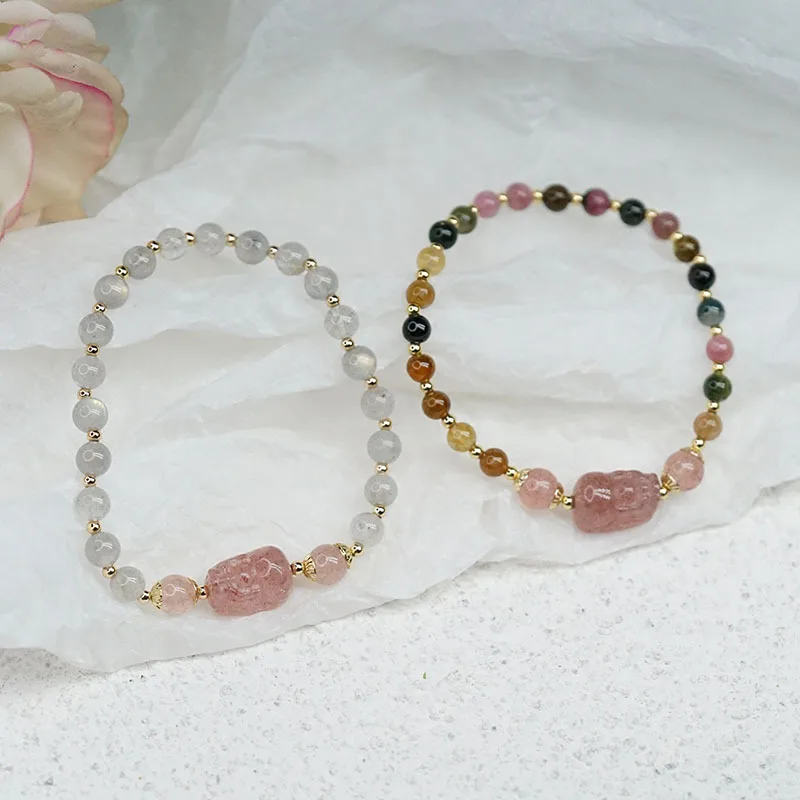 Women's Retro Simple Beaded Bracelet, Moonstone Tourmaline Bracelet Love Affairs Lucky Bracelet, Strawberry Quartz