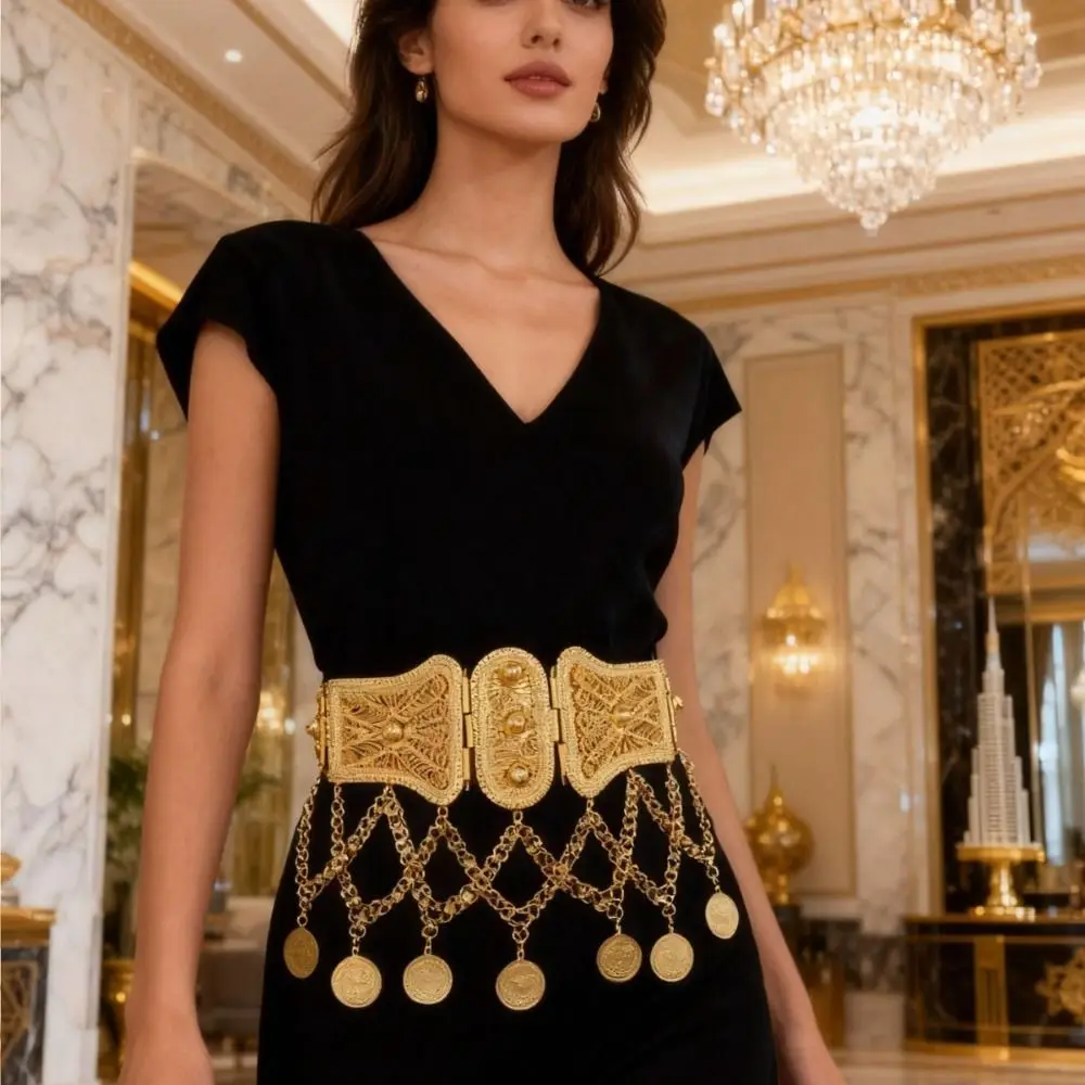 Heavy Duty Waist Chain Belt Carved Hollow Pattern Flower Design Long Coin Belt Alloy Material Tassel Pendant Body Chain Jewelry