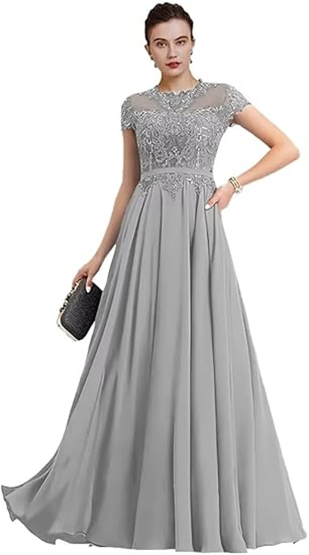 Applicazioni in pizzo con paillettes lucide personalizzate Una linea lunga abito per la madre della sposa per abiti da sera formali da ballo a maniche corte da sposa