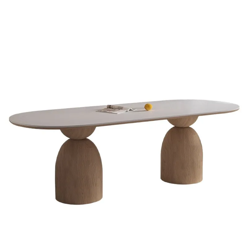 

#Italian Style Cream-Colored Dining Table with Solid Wood Slate Top Perfect for Villa Living Rooms
