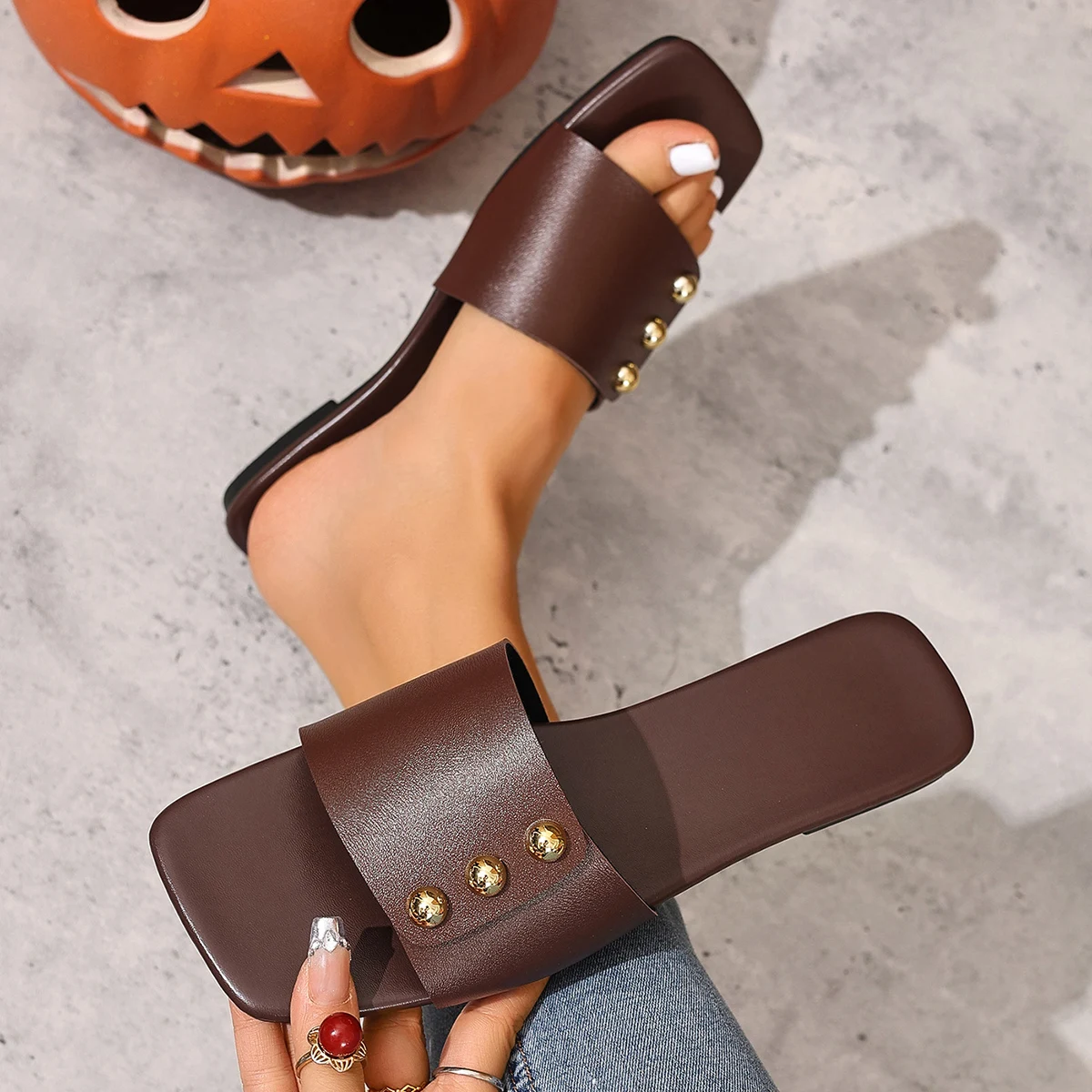 

Women's Soft Slip Slippers Summer New Square Toe Hollow Cross with Rivet Non-slip Wear-resistant Flats