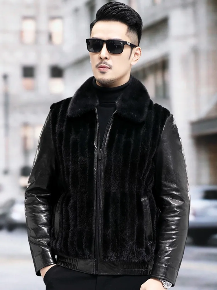 Winter Men Warm Real Mink Fur Down Jacket Slim Fit Patchwork Goatskin Genuine Leather Coat Luxury Business Work Overcoat M-5XL