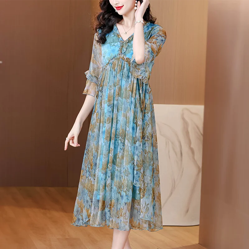 2025 vestido Midi bohemio de lujo para playa, Vestidos informales elegantes para fiesta nocturna, Vestidos ceñidos Vintage de gasa para vacaciones de verano para mujer