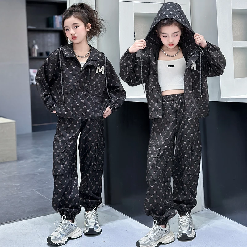 teena girl work clothes suit Full printing letters jacket+cargo pants 2pcs junior kids sport pants suit child tracksuits outfits