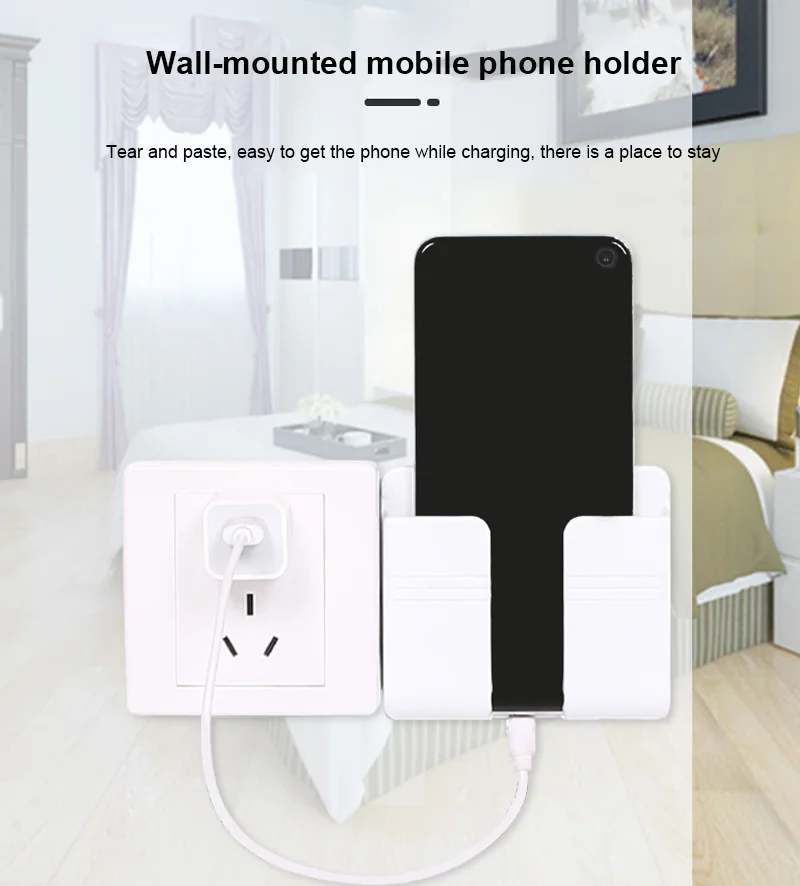 Phone Holder Wall Mounted Organizer Storage Box Remote Control Mounted Mobile Phone Plug Multifunction Shelf Hook Storage Racks