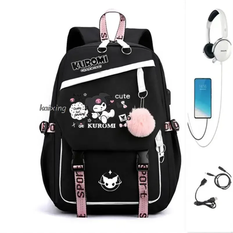 USB Girls Backpack Melody School Book Bags Kuromi Teen Women Men Travel Bags Laptop Headphone Port Mochila Gift