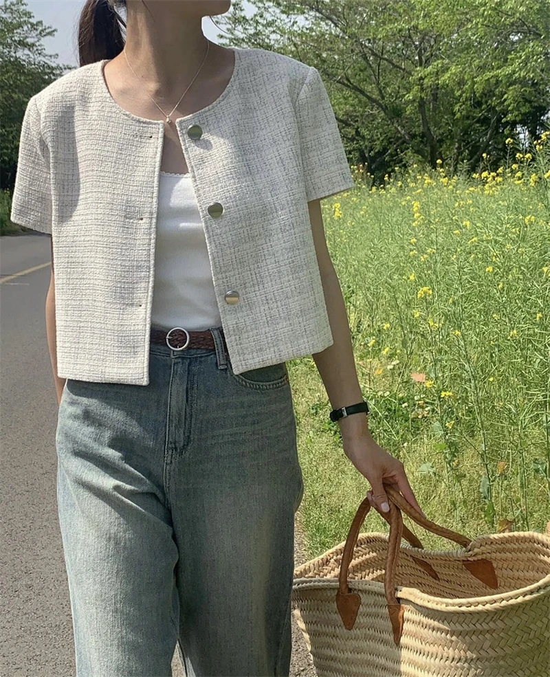 Summer Fragrant Round Neck Single Breasted Loose Plaid Short Sleeved Coarse Tweed Jacket Women Coats