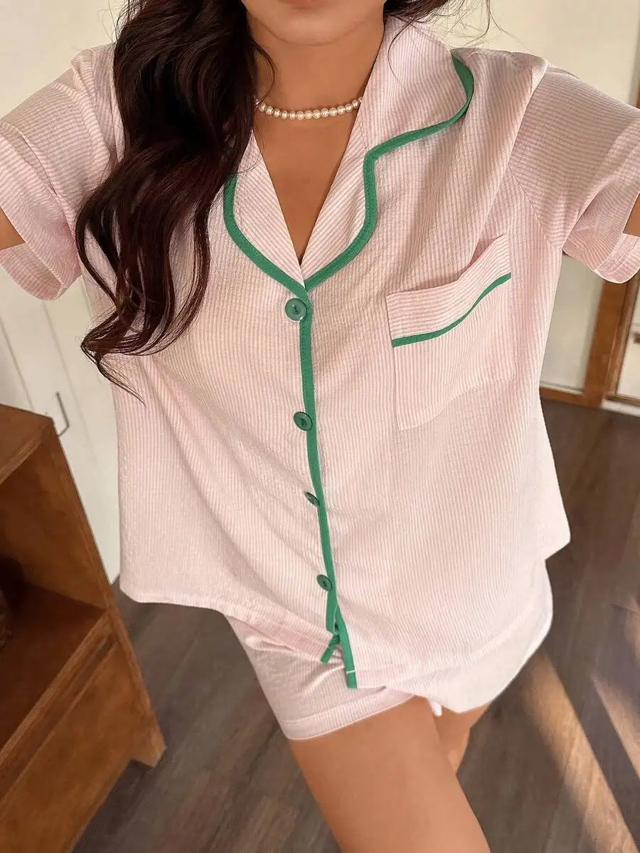 

Pink Striped Short Sleeve Pajama Set With Green Trim