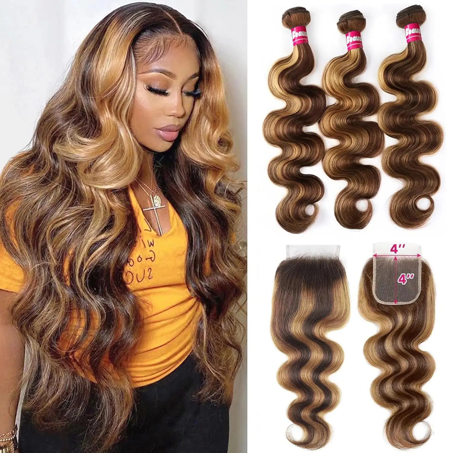 P4/27 Highlight Human Hair Bundles With 4x4 Body Wave Lace Closure Brazilian Remy Hair 3/4 PC Bundle Double Weft Hair Extensions