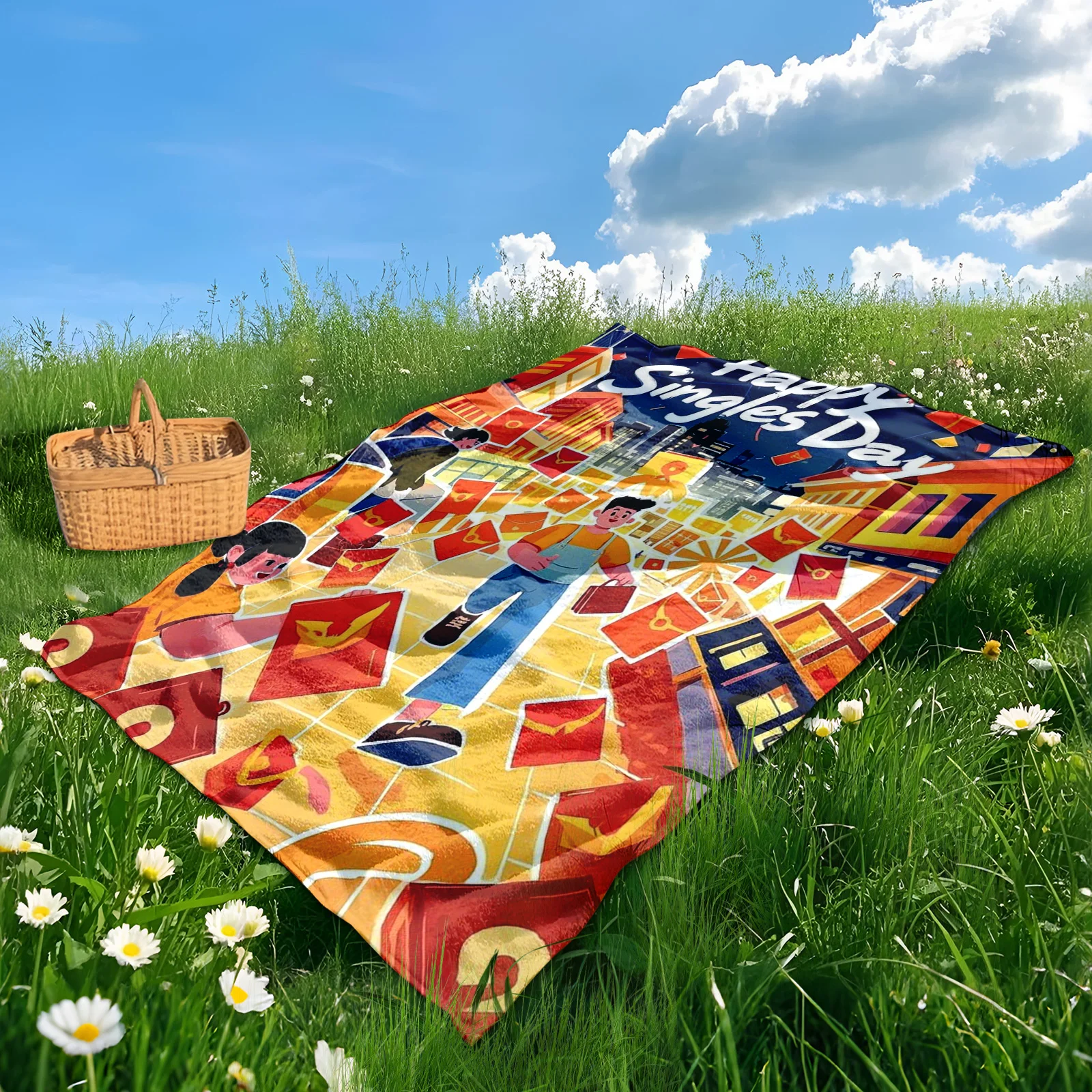 Cartoon Character Street Scene With Red Envelope Design Outdoor Blanket For Camping Picnic And