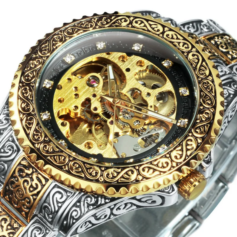 T-Winner Watches Men Fashion Vintage Engraved Carved Watches Men Luxury Gold Skeleton Automatic Mechanical Wristwatches Men