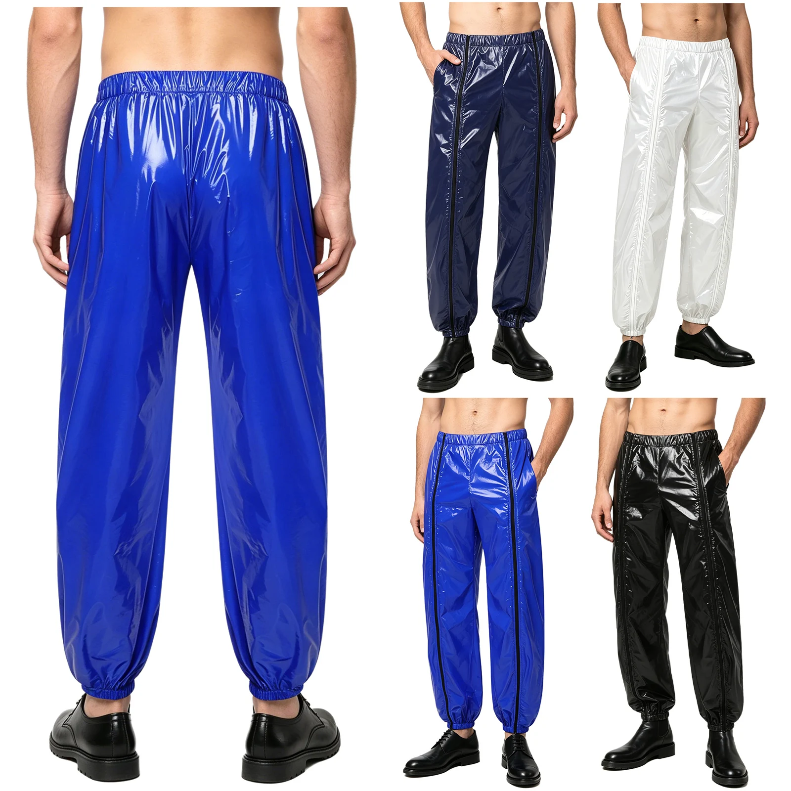 Mens Wet Look Waterproof Jogger Pants Elastic Waistband Side Pockets Two-way Zipper Long Pants Gymnastics Workout Trousers