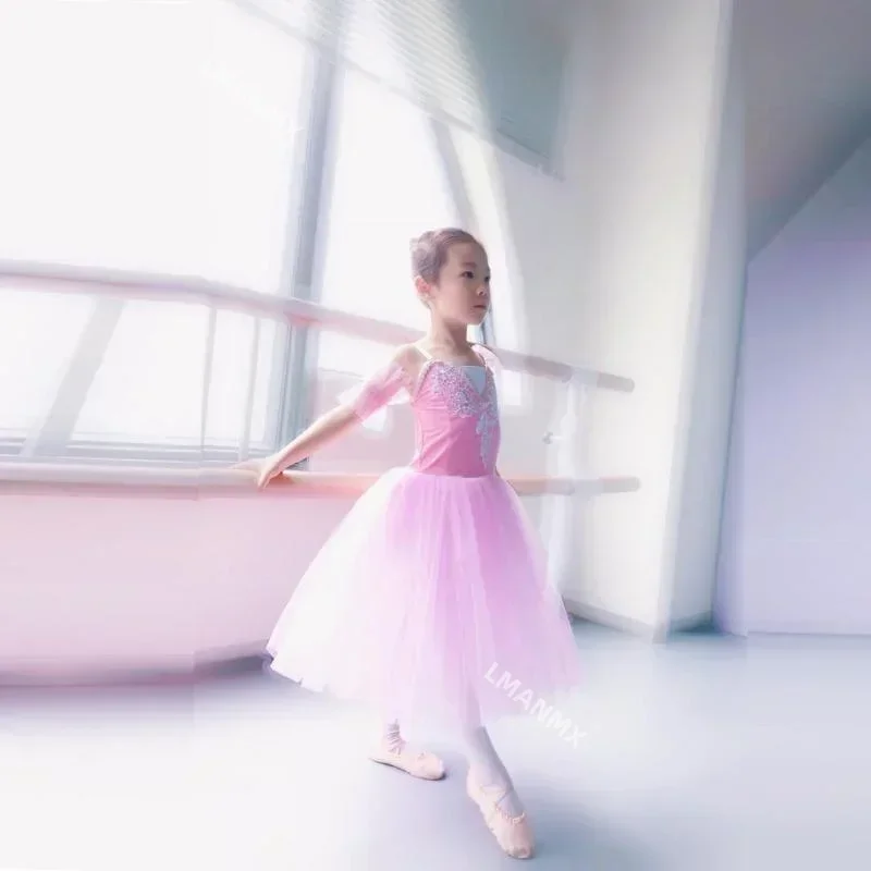 Tutu di balletto bianco rosa giallo senza maniche in pizzo professionale per bambini bambino lungo balletto danza tutù romantico per ragazze vestito da ballerina