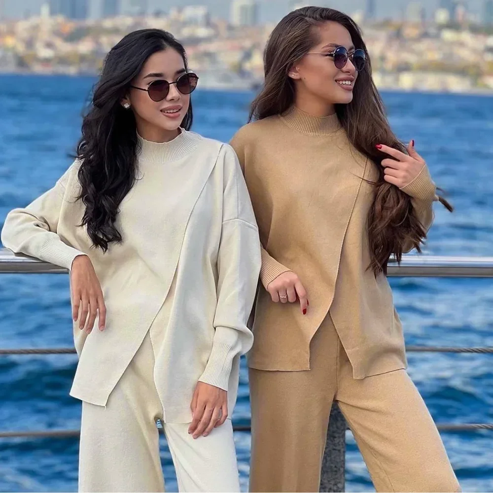 Women Matching Sets Knitted Pants Suits Long Sleeve Low Hem Loose Vent Sweater Half High Collar Sets New Work Elegant Pants Set