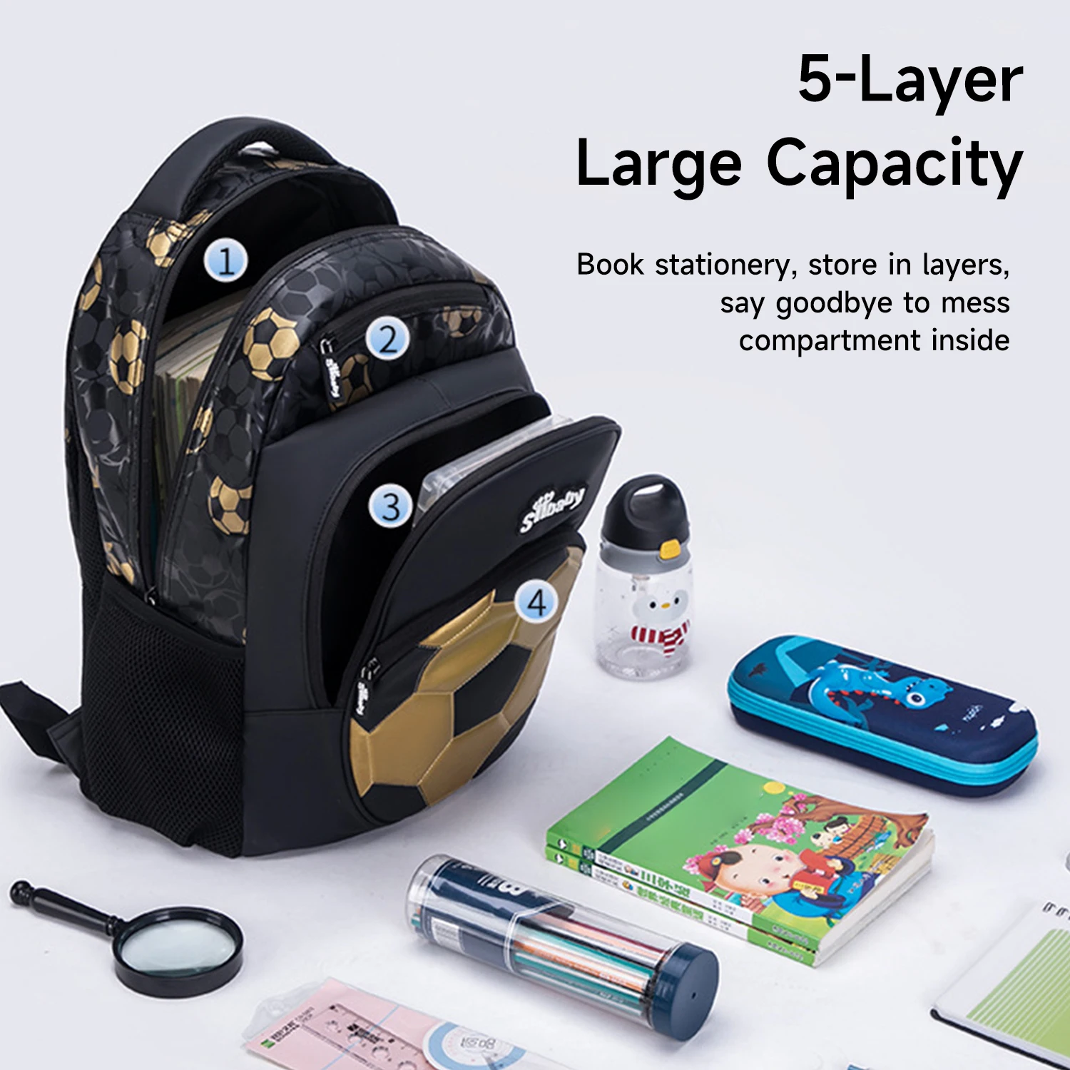 EZONE Kids Football School Bag for Boy Teenage Black Gold Causal Travel Plecak dziecięcy Plecak na laptopa Lekki plecak