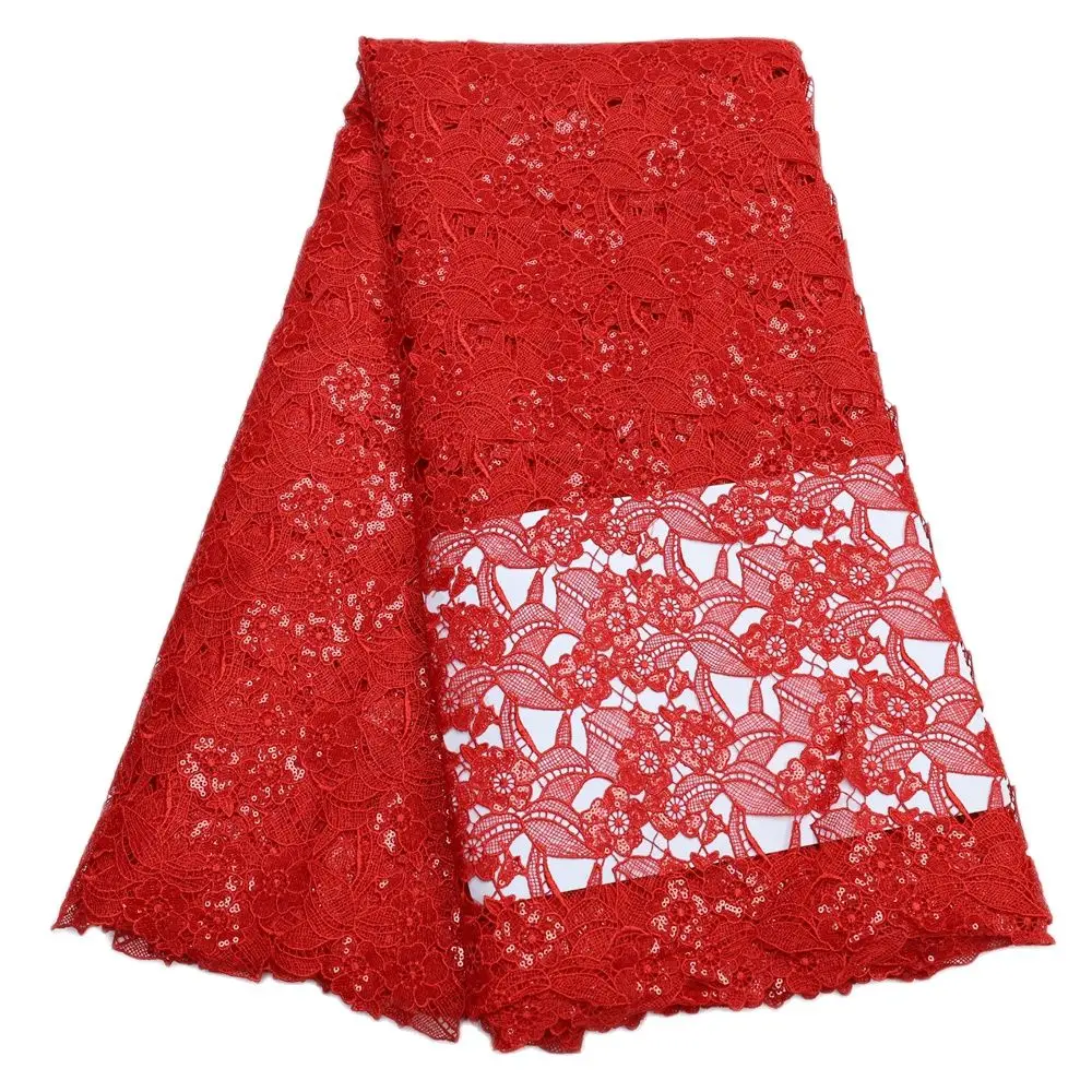 

African Lace Fabric with Sequins, Nigerian Cord Lace for Wedding Party, Hot Sale, Red, 5 Yards