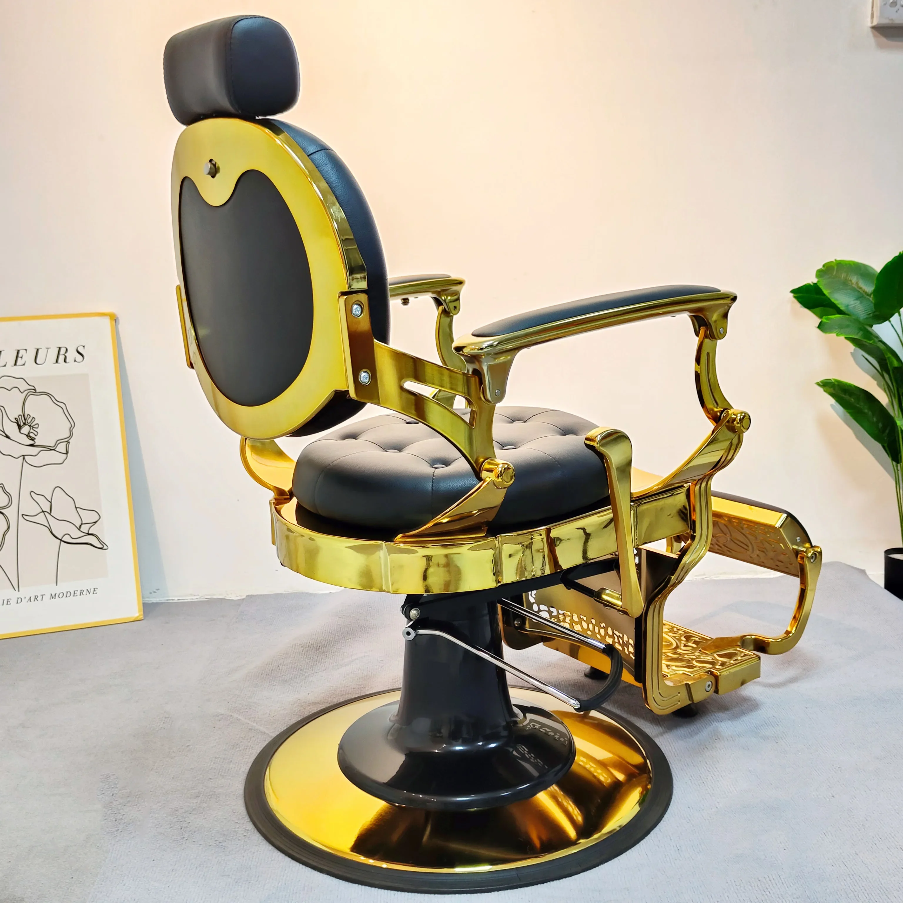 Vintage Black and Gold Barber Chair Professional Salon Styling Man Antique Recling Shaving Chair Belmont Barber Chairs