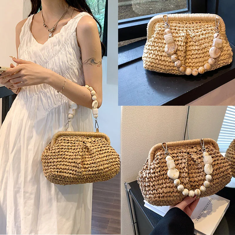 Bolso de playa de diseñador, bandolera con cadena, tejido de paja, Bolso pequeño, mochila informal Bohemia para mujer