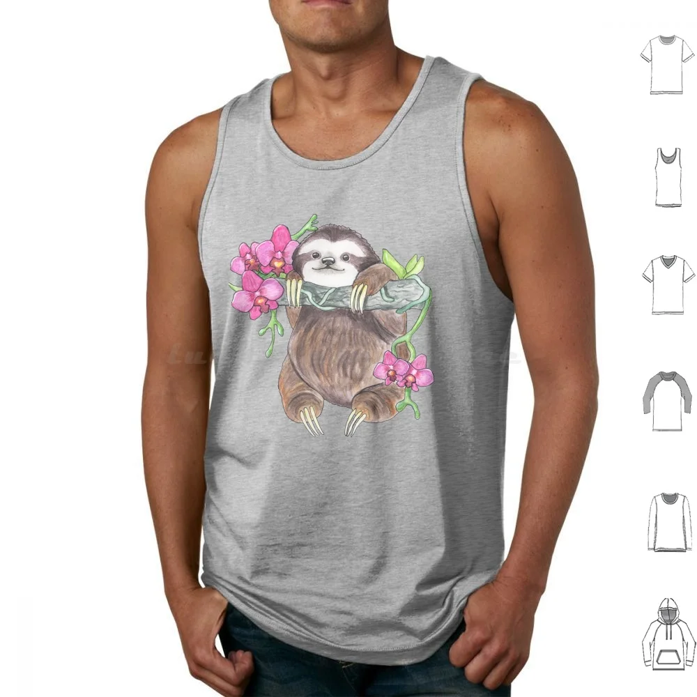 Happy Sloth With Orchids Tank Tops Vest Sleeveless Sloth Orchid Flower Happy Cute Animal Pink Brown Tree Wild Idea Birthday