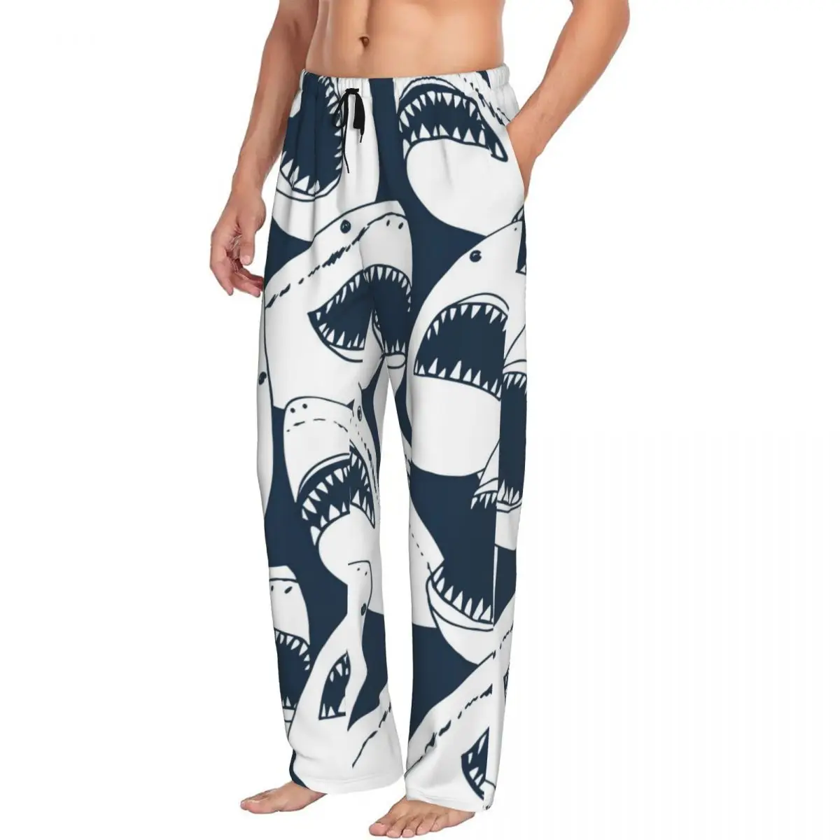 Custom Printed Men's Pajama Pants Angry Shark Head Open Mouth Sleepwear Sleep Lounge Bottoms with Pockets