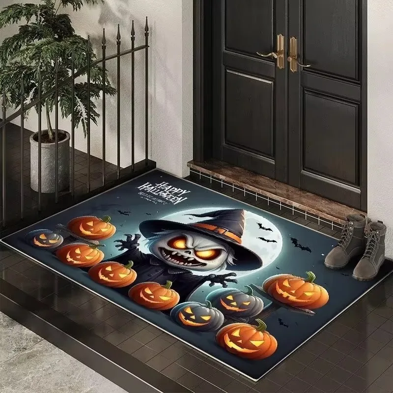 Fußmatte mit Halloween-Thema und gruseligem Kürbis, Fledermaus, Hexenmuster, weicher, dekorativer Eingangsteppich für Zuhause, Innenbereich, Halloween-Dekoration