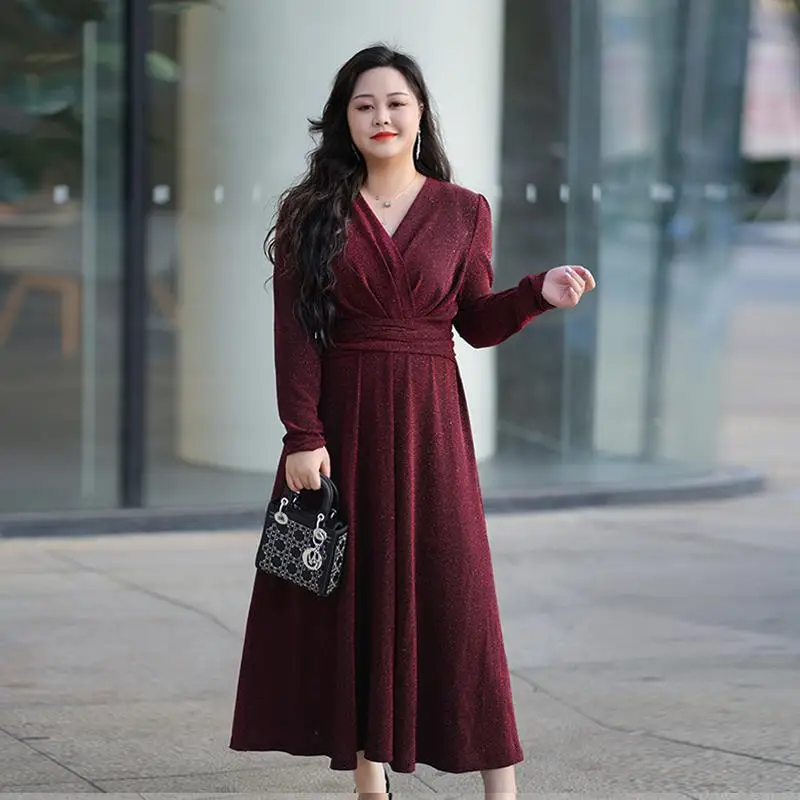 

Платье миди больших размеров с V-образным вырезом, поясом, утягивающее, скрывающее недостатки фигуры, модное, с завышенной талией, из смесового хлопка, осеннее, с длинным рукавом