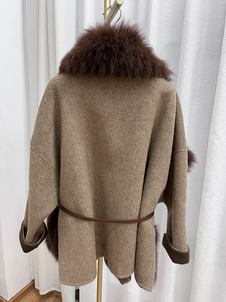 Manteau en fourrure de renard véritable naturel pour femme, grand col en fourrure, laine de cachemire, veste en laine pour femme, vêtements