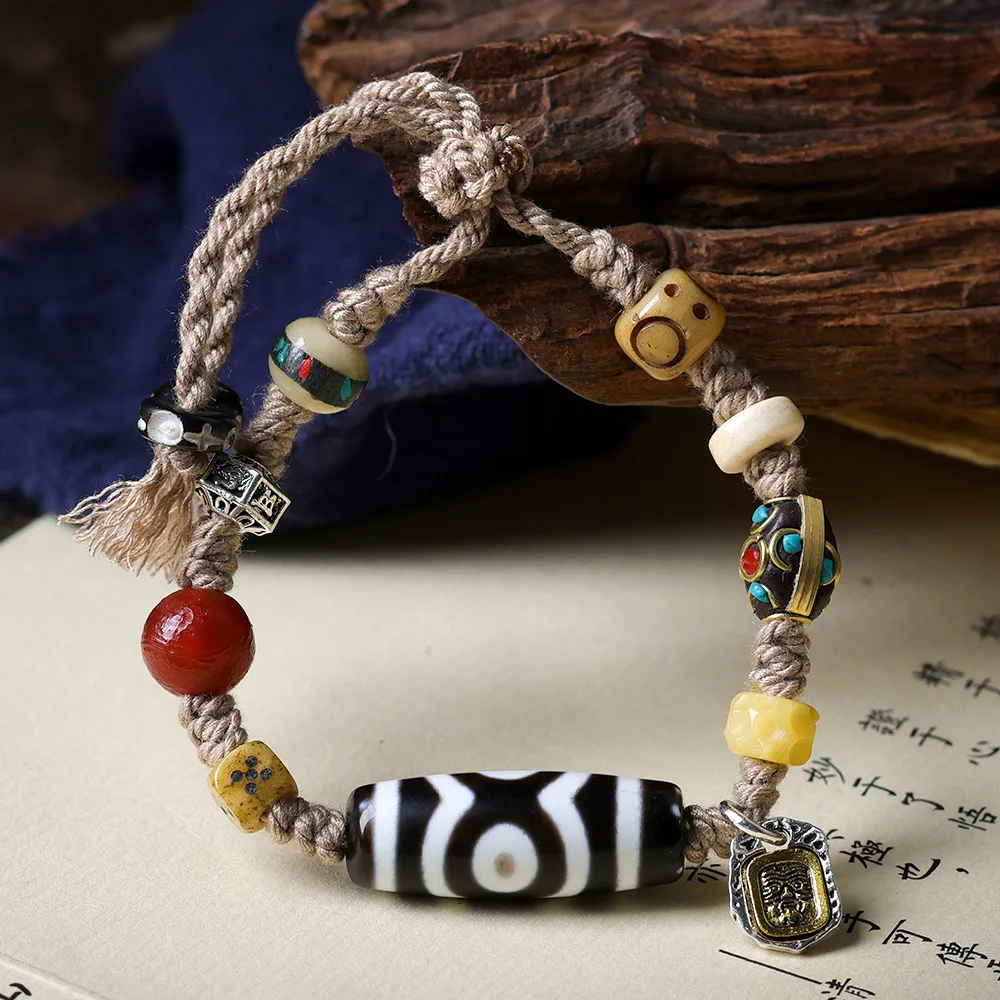 

Handwoven Tibetan Style Three Eyed Dzi Bead Bracelet with Bone Nepal Accessories Patinated Old Agate Bracelet Gifts