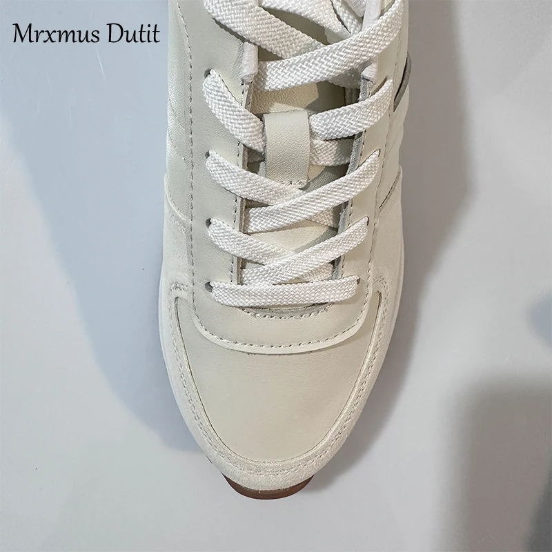 Mrxmus Dutit Women 2024 New Spring Fashion Leather Lacing Round Head Shoes Flat Thick Soled Shoes Solid Casual Versatile Sneaker