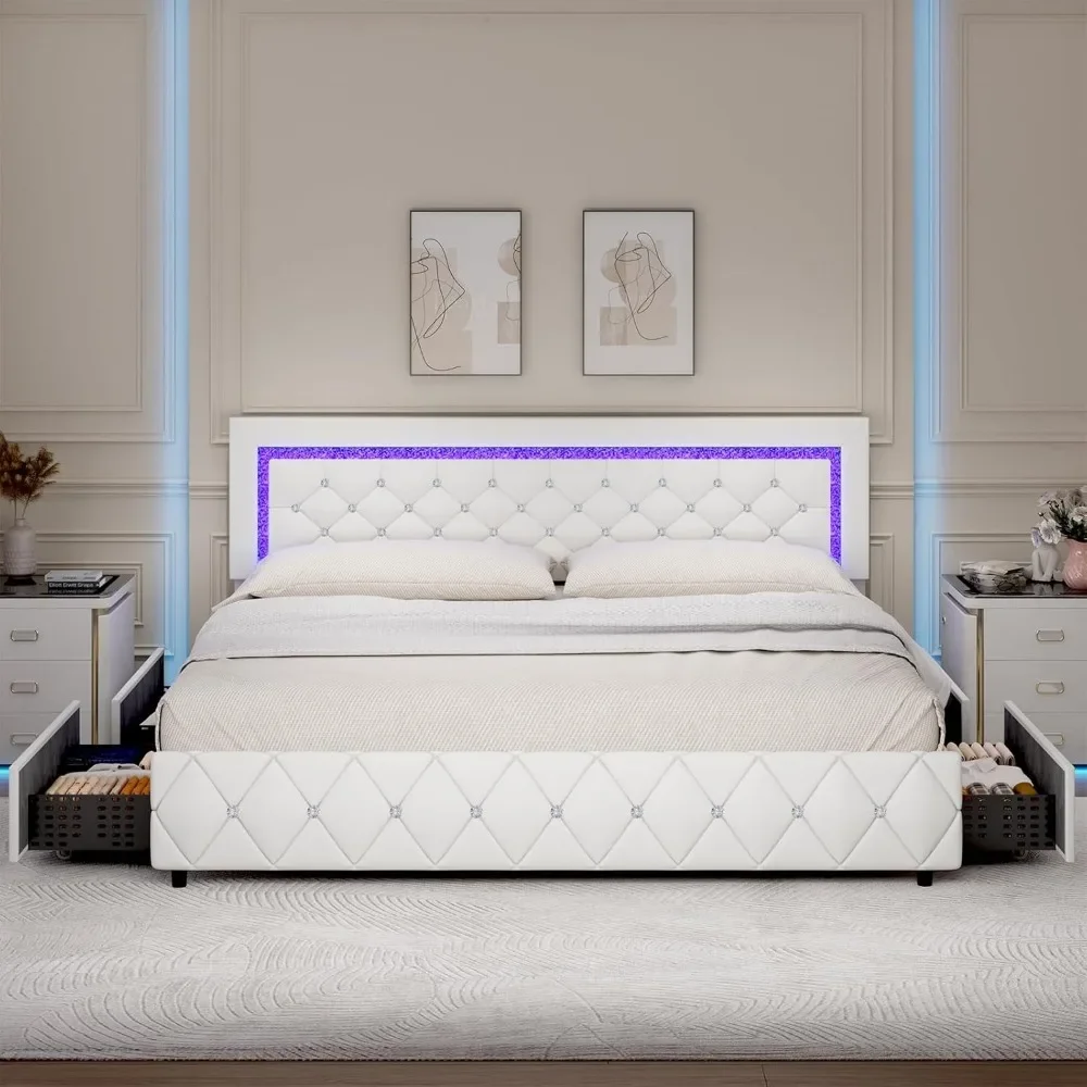 King Size Bed Frame with LED Lights and 4 Storage Drawers, Upholstered Platform Bed with Crystal Tufted Headboard, Wooden Slats