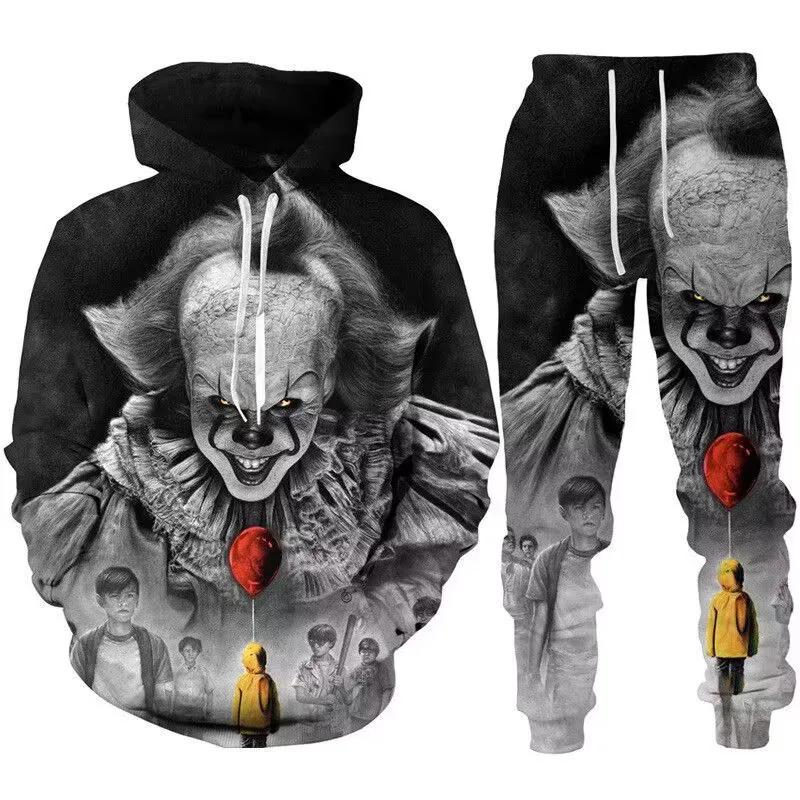 Halloween 3D Horror Movie Clown Print Hoodie Trouser 2 Piece Suit Funny Pullover Sweatshirt Set Personality Streetwear Clothes