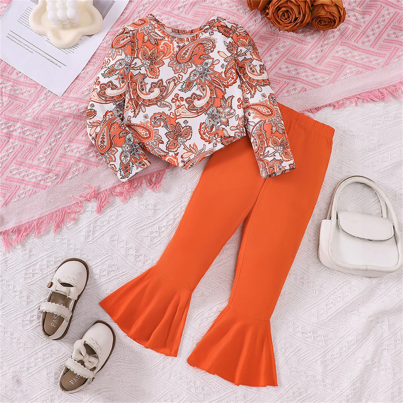 Toddler Girls Fall Winter Clothes Sets Vintage Printing Long Sleeve Tops+Orange Flared Pants Two Pieces Suit For Children Girls