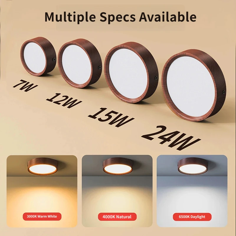 Ultra Thin Surface Mounted LED Downlight Retro Walnut Wood Color Round Ceiling Light For Home Corridor Porch Balcony Soft Lamp