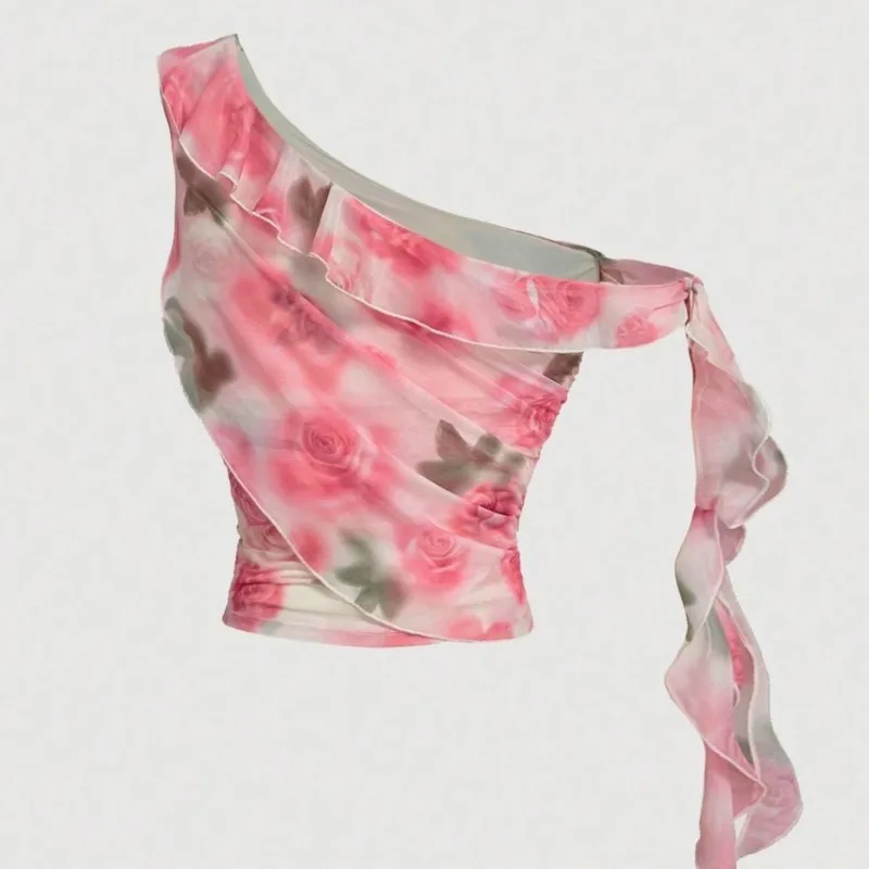Summer Fresh And Sweet Floral Print Off-Shoulder Slimming Fitted Bandeau Top Women Y2K Fashionable Trend Leisure Party Occasion