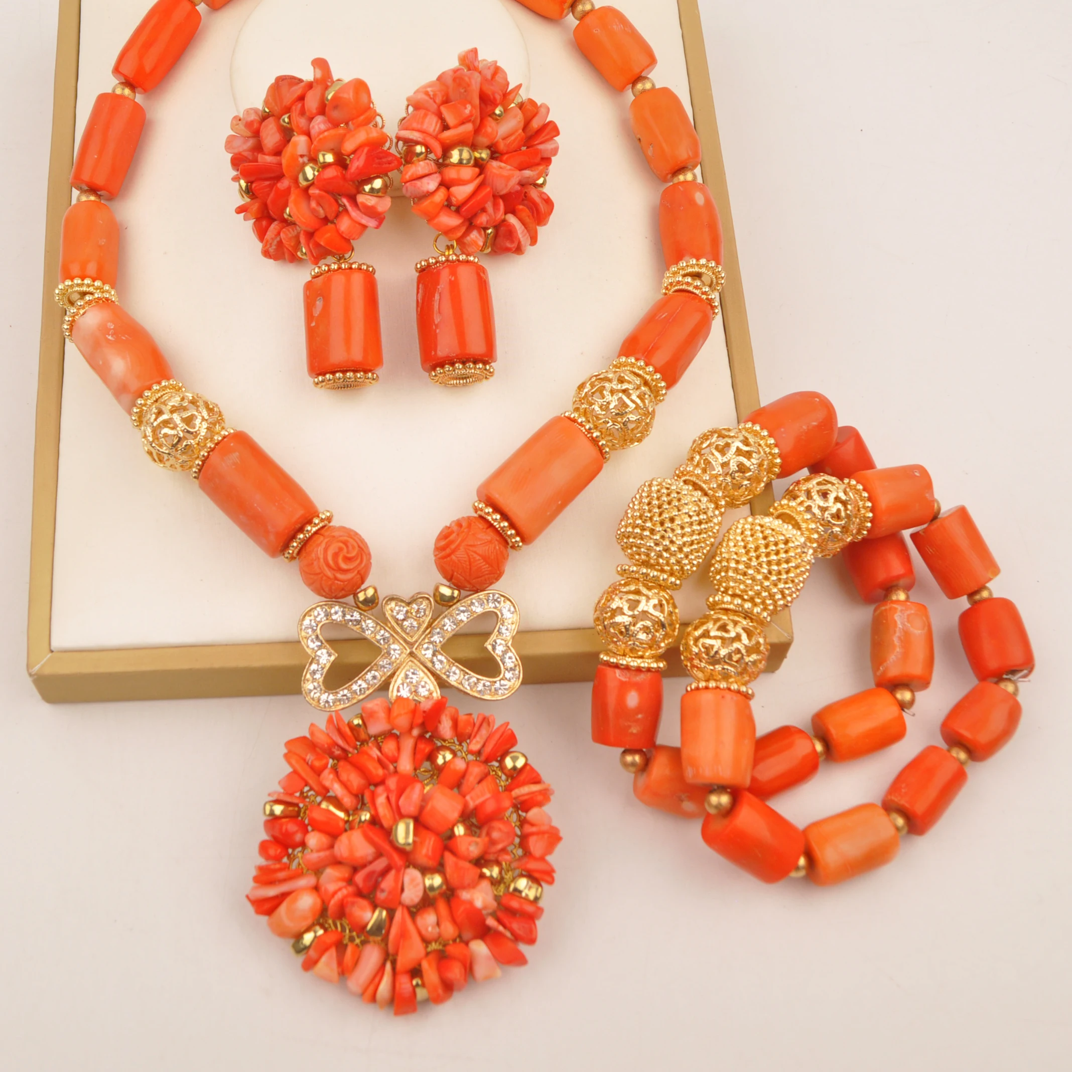 

Real Orange Coral Beads Jewelry Set for Women