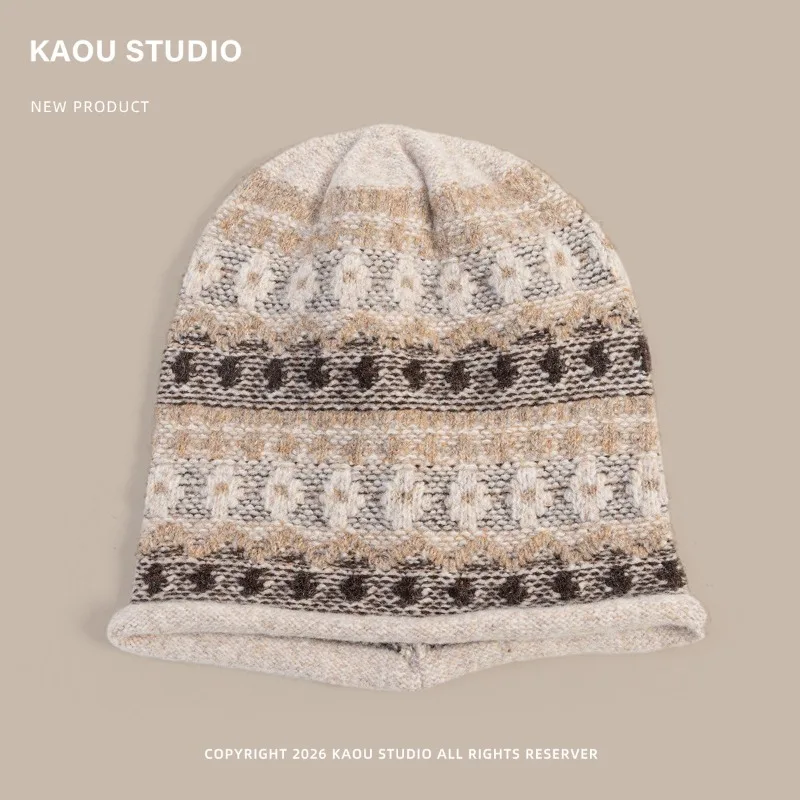 Japanische Retro-Fel-Island-Strickmütze mit gerolltem Rand für Damen, Herbst- und Winter-Outdoor-Warmmütze mit Ohrenschutz – Detail 8
