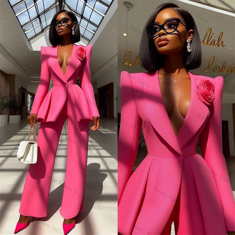 

Hot Pink Women Suit Pants Set 2 Pieces Blazer+Trousers 3D Flower Customized Autumn Fall Formal Guest Wedding Tuxedos Party Coat