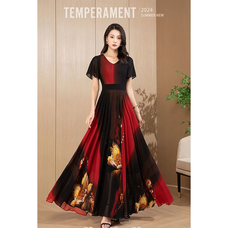 New Ladies Summer Chiffon Printing Dress Cultivation Lady Long Dresses High-End Fashion V-Neck Temperament Elegant Women's Vesti