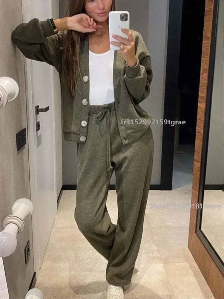 Autumn Fashion Knitted Cotton Women's Sports Jacket Suit Simple Trousers Pocket Casual Cardigan Elegant 2-piece Set Female