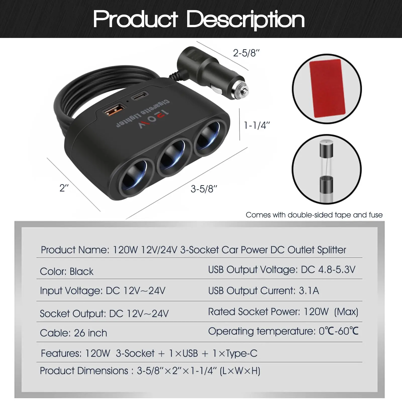 3 in 1 USB Type C Socket 120W Car Cigarette Lighter Splitter 12V 24V Fast Charger Phone Power Adapter for Car DVR GPS Dashcam