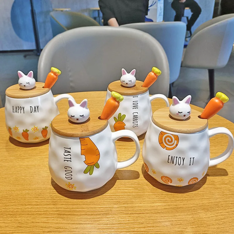 

Cartoon Radish Rabbit Wooden Lid Ceramic Cup Cute Radish Spoon Cup Mug Men and Women Students Couple Cup