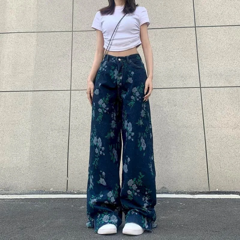 Oversized Straight Jeans Women Print Casual Loose Trousers Streetwesr Denim Vintage Baggy Pants Women High Waist Wide Leg Jeans