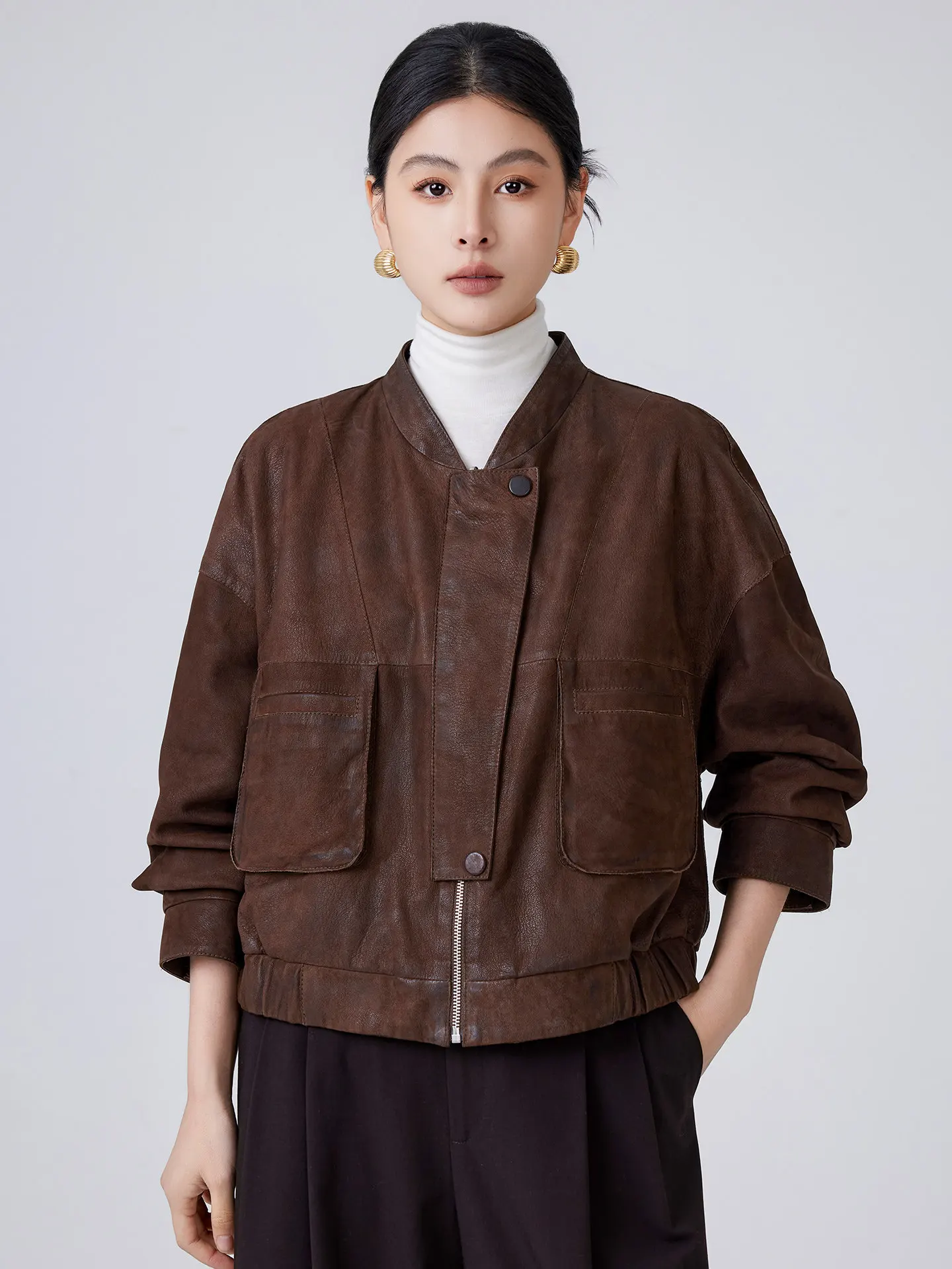 

Casual Genuine Leather Jackets for Women Simple Stand Collar Double-sided Wear Retro Loose Short Real Goatskin Leather Coat