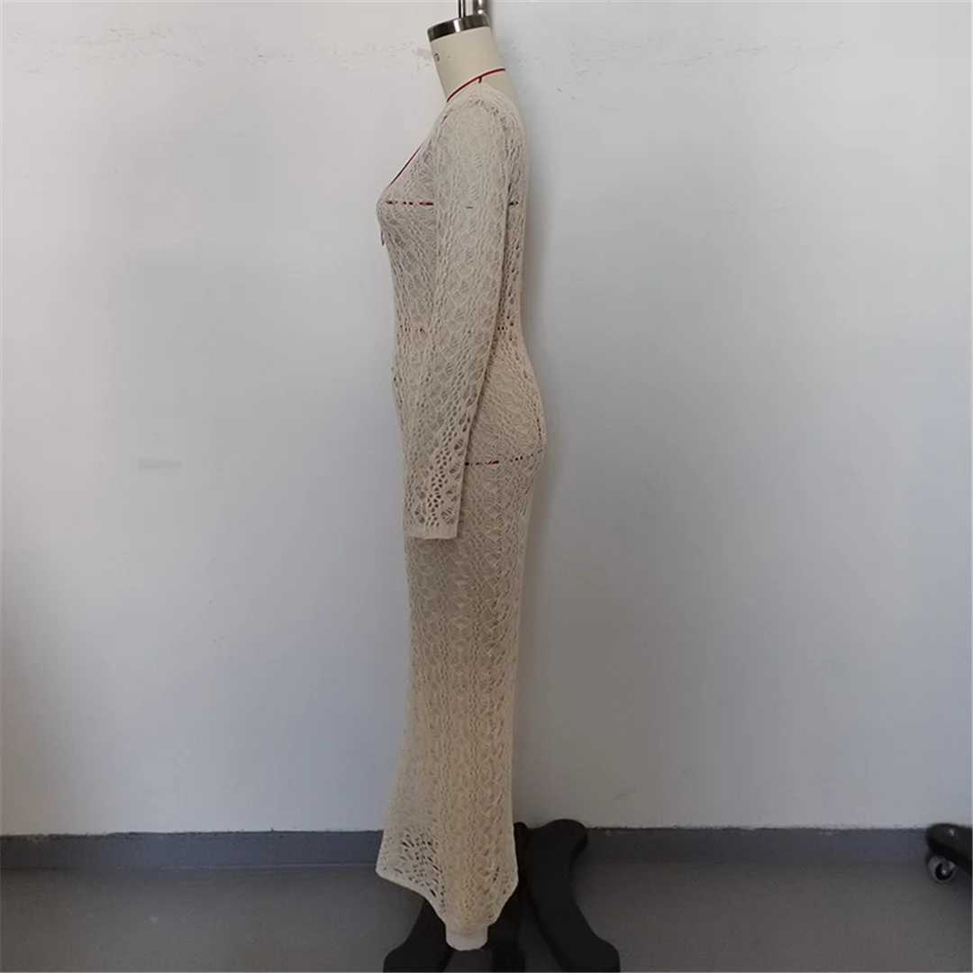 2026 Langarm-Strick-Tunika mit Ausschnitten am Rücken, rückenfreies Strandkleid, Strandmode, Strandbekleidung, Strand-Cover-up, Damen V6551 – Detail 23