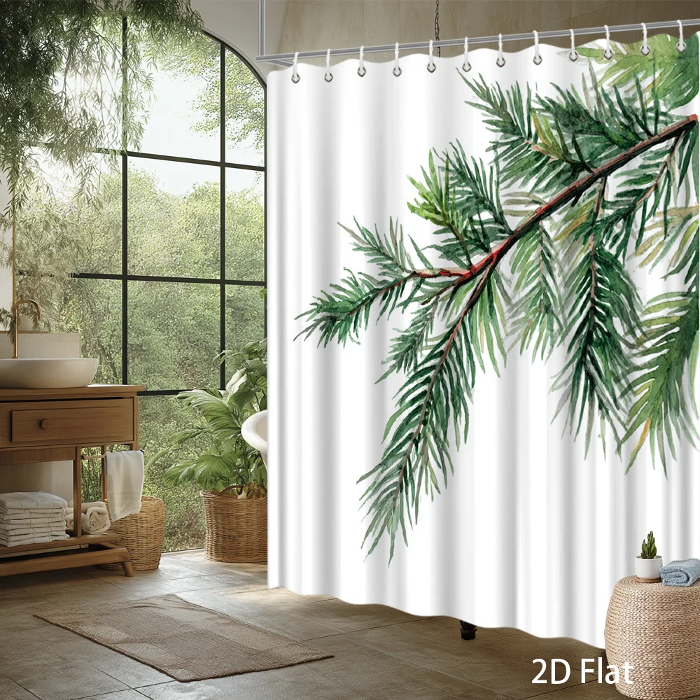 Pine Branch Shower Curtain – Watercolor Evergreen Sprig, 2D Flat Print, Fade-Resistant Polyester, 12 Hooks, 70.8