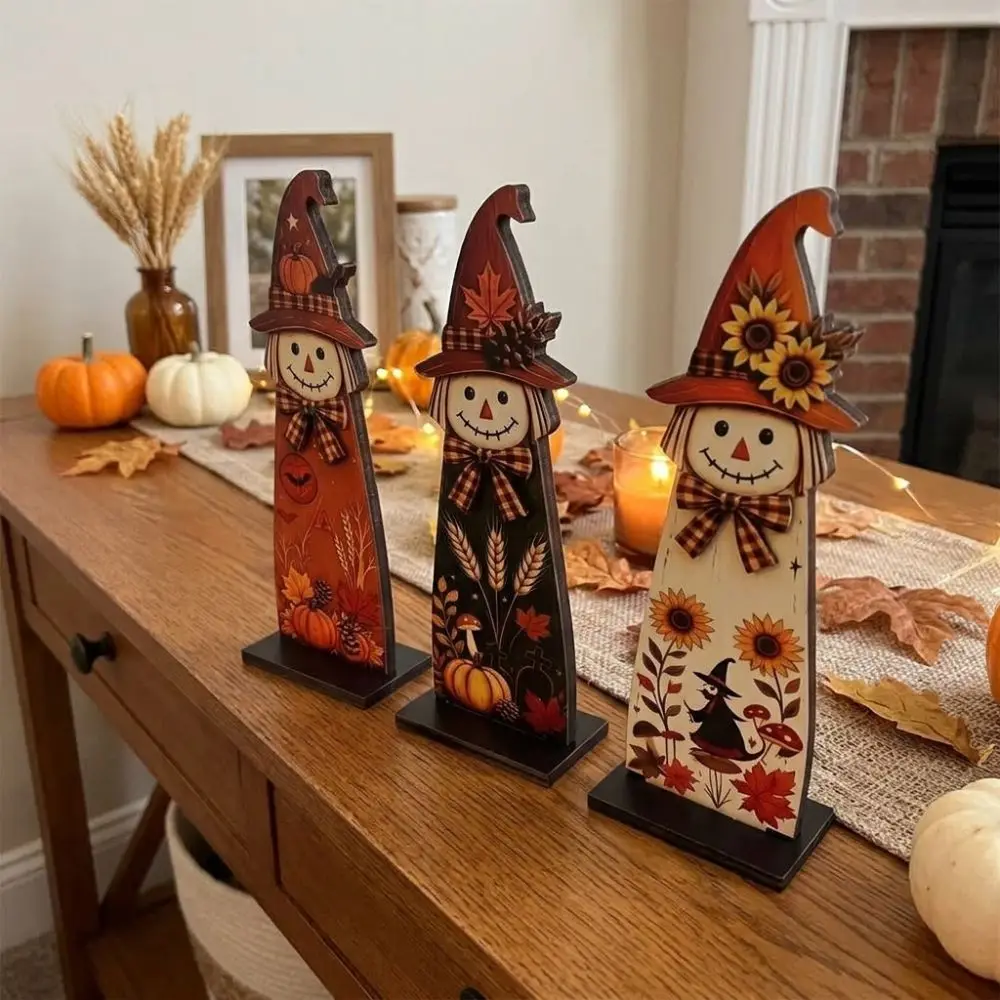 2D Flat Fall Scarecrow Wooden Sign Pumpkin Maple Plaid Bow Scarecrow Table Decor Vintage Autumn Themed Harvest Wood Ornament