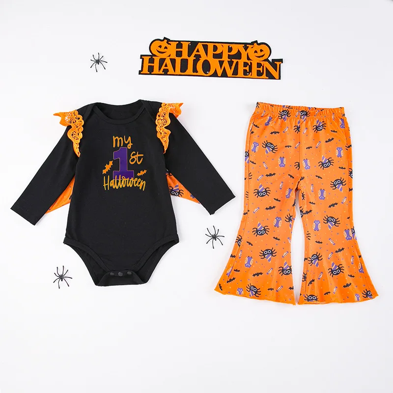 Autumn and Winter Girls' New Bat Letter Cartoon Cute Print Halloween Long Sleeve Wings Ha Yi Long Pants Party Set